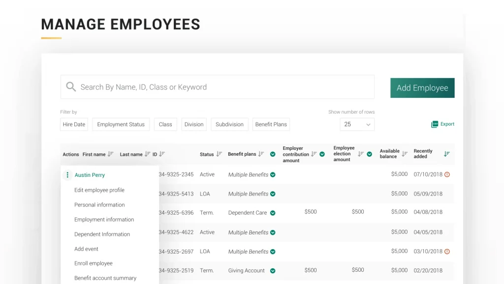 manage employees page on tasc